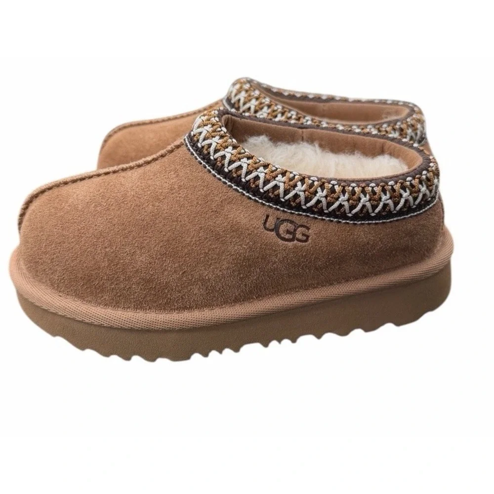 UGG Tasman II Slippers Kids Size 8 Chestnut Suede Sheepskin Slip On NWB